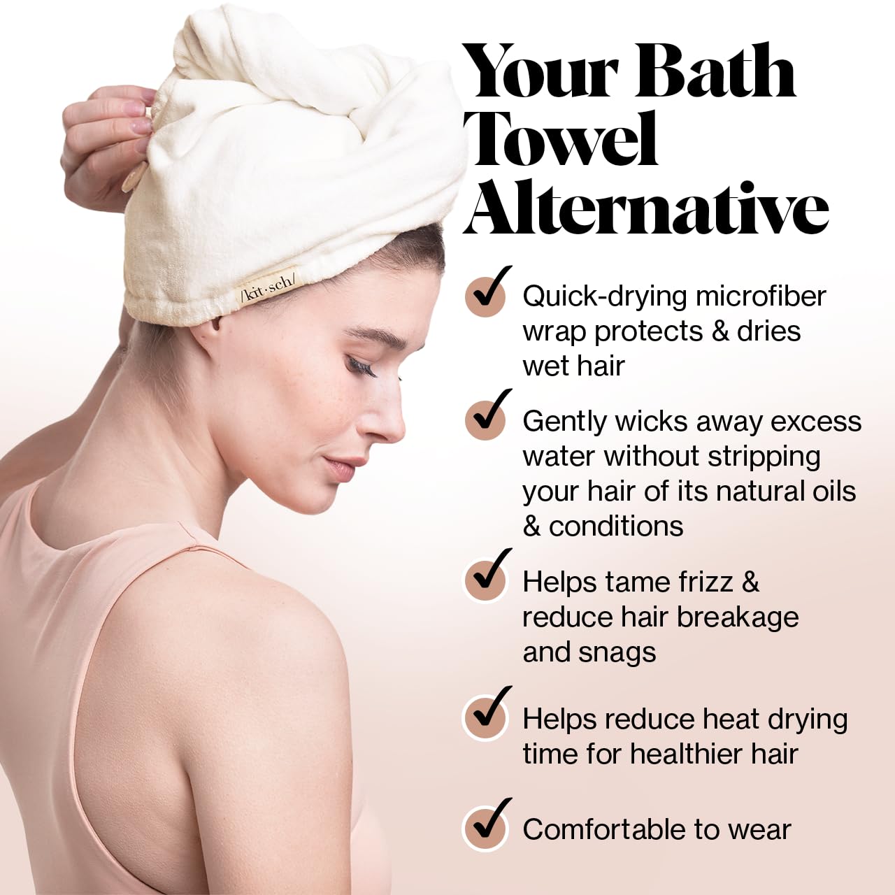 Kitsch Microfiber Hair Towel Wrap for Women - Microfiber Towel, Super Absorbent, Quick Dry, Anti-Frizz - for Long and Short Hairs, Turbans for Women, Hair Wrap - White Ivory