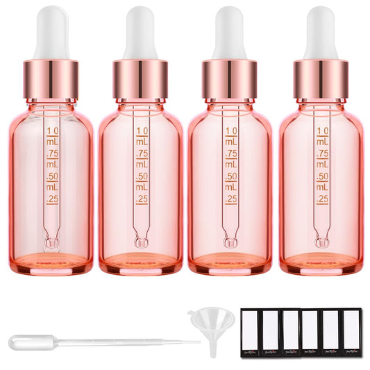 PrettyCare 4 Pack 1oz Dropper Bottles for Essential Oils with Labels, Funnel & Measured Pipettes, 30 ml Leak Proof Rose Glass Essential Oils Bottles- Empty Tincture Bottles for Personal Care & Beauty