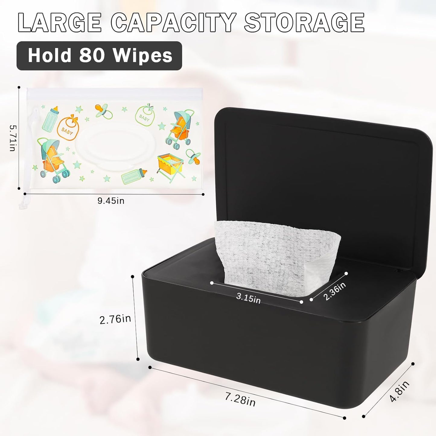 Diaper Wipes Dispenser Wipes Holder, Wipes Tissue Case Keeps Wipes Fresh Tissue Wipes Container with Lid (Black)
