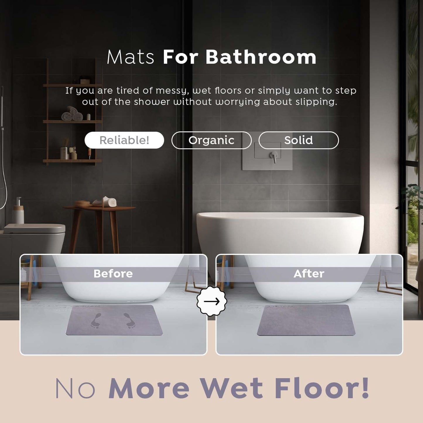 23" x 15" Diatomaceous Earth Shower Non Slip Stone Bath Mat | Quick Dry Super Absorbent Large Mats for Kitchen | Anti-Slip Fast Drying Water Absorbing Stone Bath Mats for Bathroom | Solid Gray