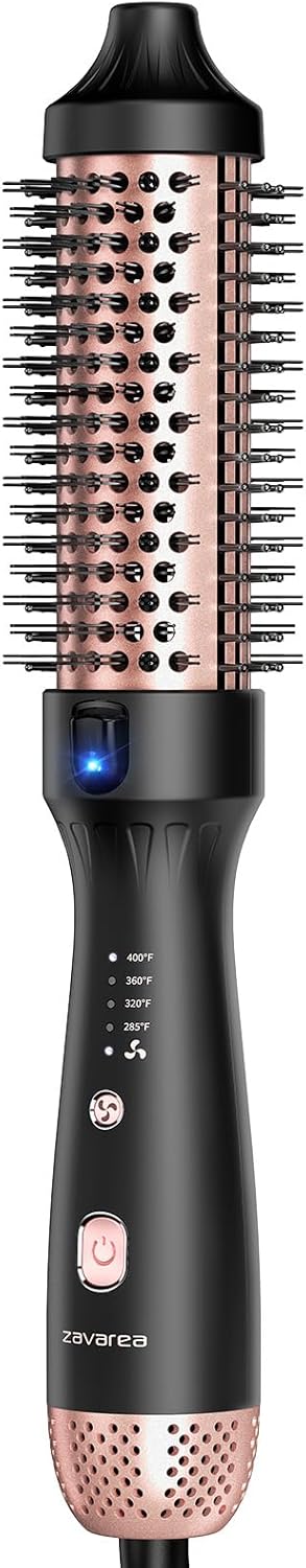 Zavarea Thermal Brush, 1.5 Inch Heated Round Brush for Blowout Look, Hot Styler with 800M Negative Ions & Ceramic for Less Damage & Frizz, Boosts Shine & Easy to Use, Dual Voltage, Elegant Black