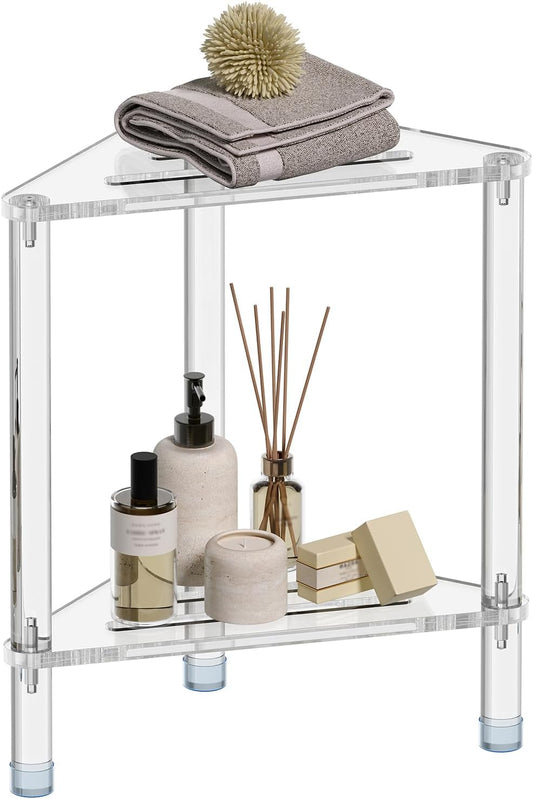 Acrylic Corner Shower Stool for Shaving Legs 11.42" D X 11.42" W X 17.91" H, Triangle Foot Rest With Storage Shelf, Heavy Duty, for Inside Shower