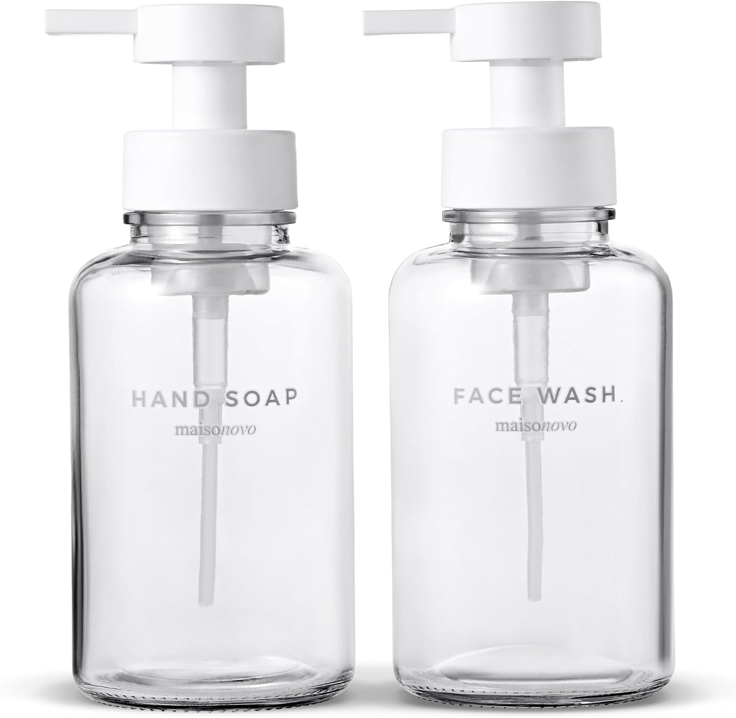 MaisoNovo Glass Foaming Soap Dispenser 14 Oz | Clear Glass White Plastic Pumps x 2