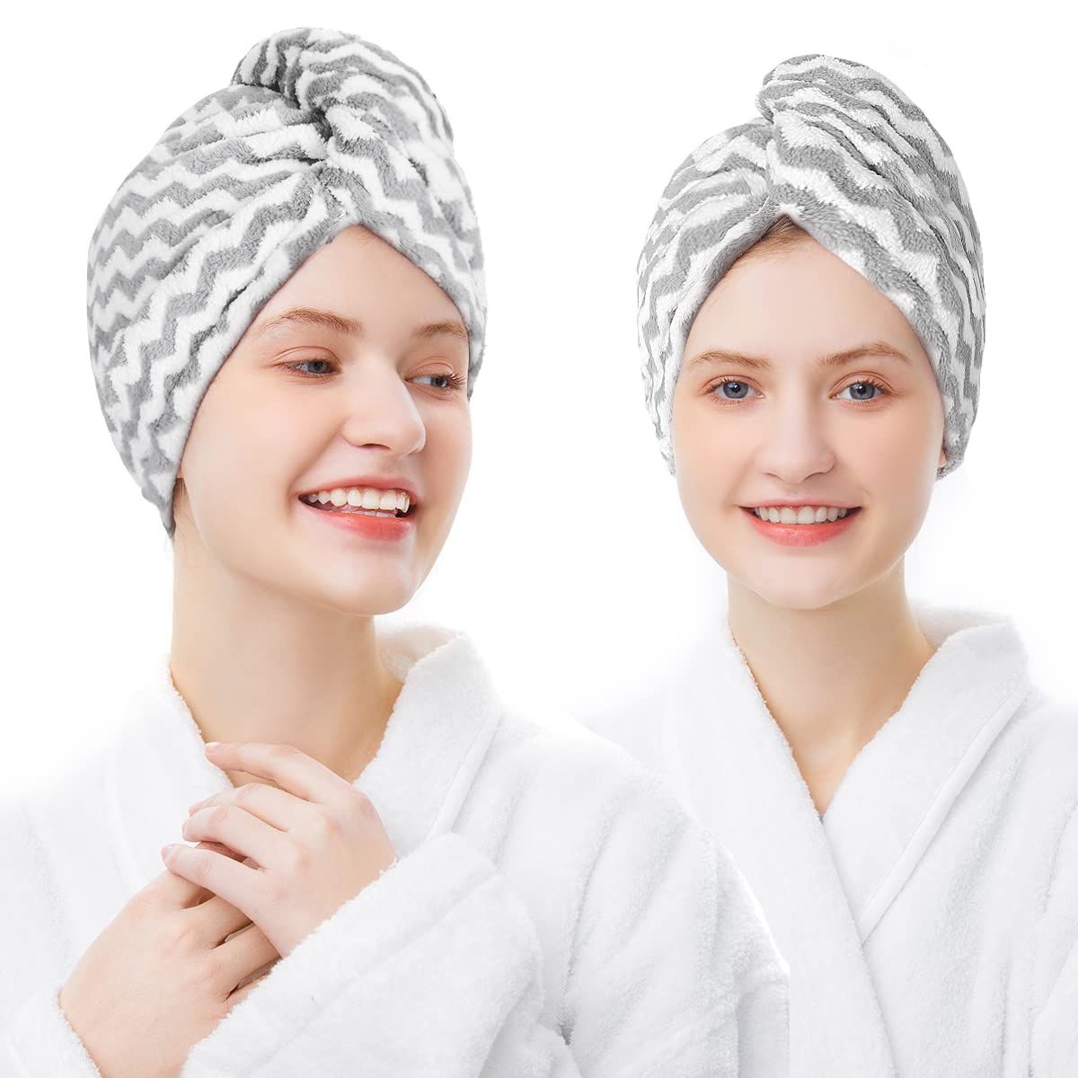 ELLEWIN Microfiber Hair Towel Wrap for Women 2 Pack,Adjustable Hair Drying Turban with Two Button,Anti Frizz,Super Absorbent Quick Stripe Dry Hair Towels for Long Thick Short Hair