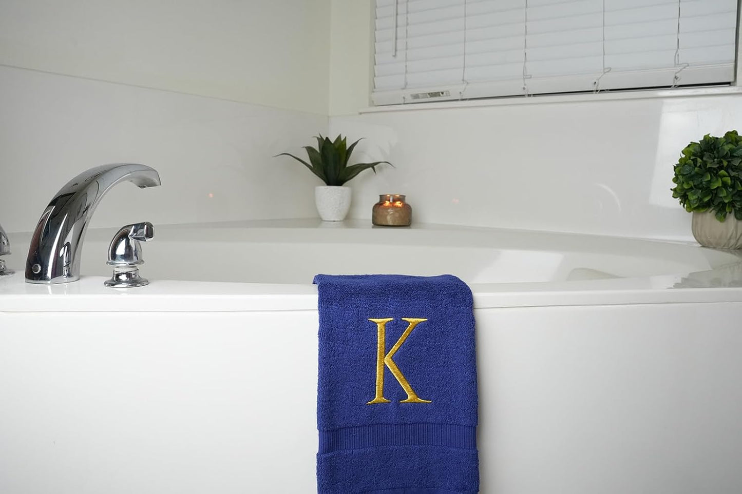 Navy Monogrammed Hand Towels for Bathroom - Navy and Gold Luxury Hotel Quality Personalized Initial Decorative Embroidered for Powder Room, Spa-GOTS Organic Certified - Pack of 2, Letter K