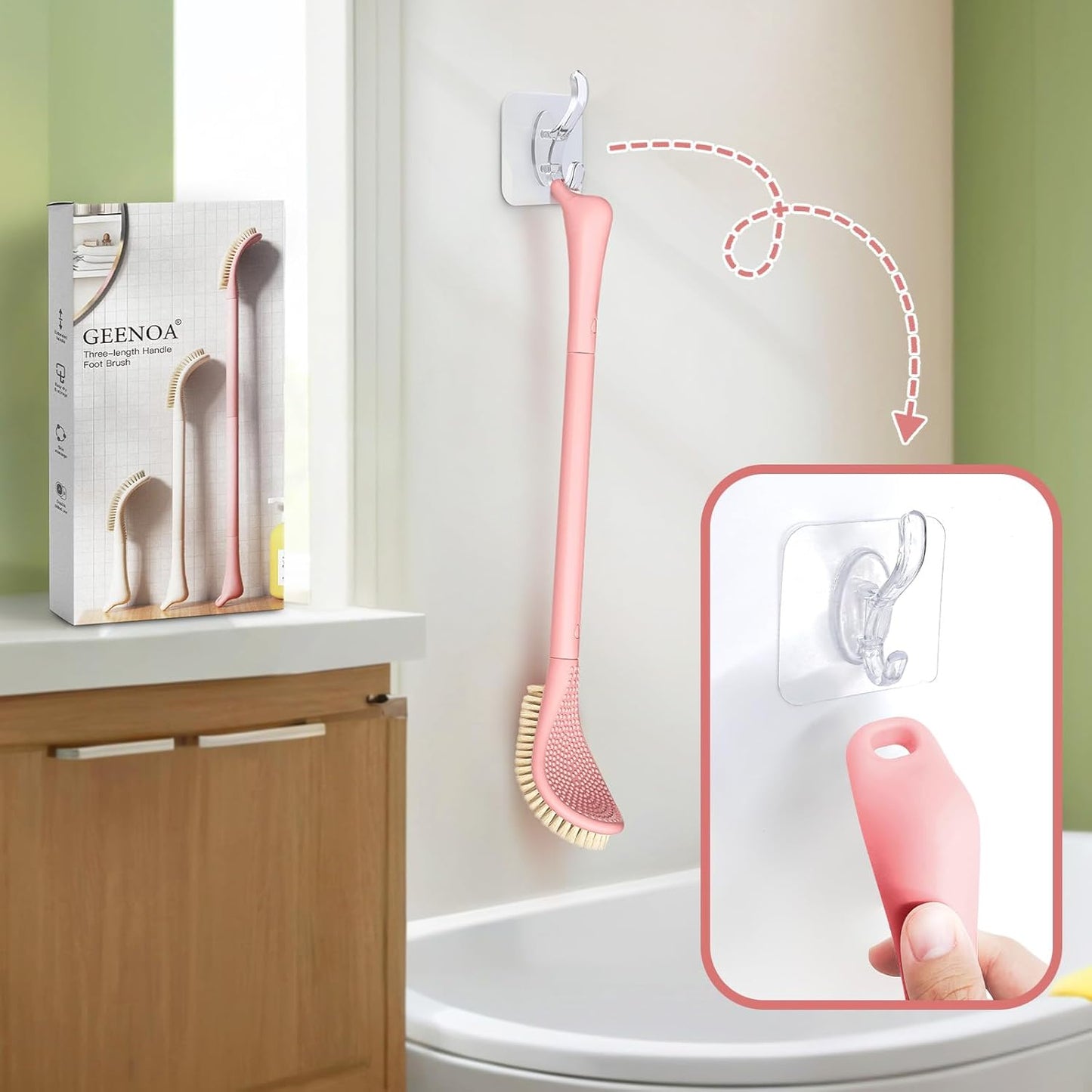 New Foot Brush & Foot File Set(2PCS), 3-in-1 Foot Scrubber in Shower, 10.2’’-27.5’’Adjustable Long Handle Foot Scrub Brush and Upgrade Foot File Callus Remover, Gift-Box Packed(Pink+Foot File)