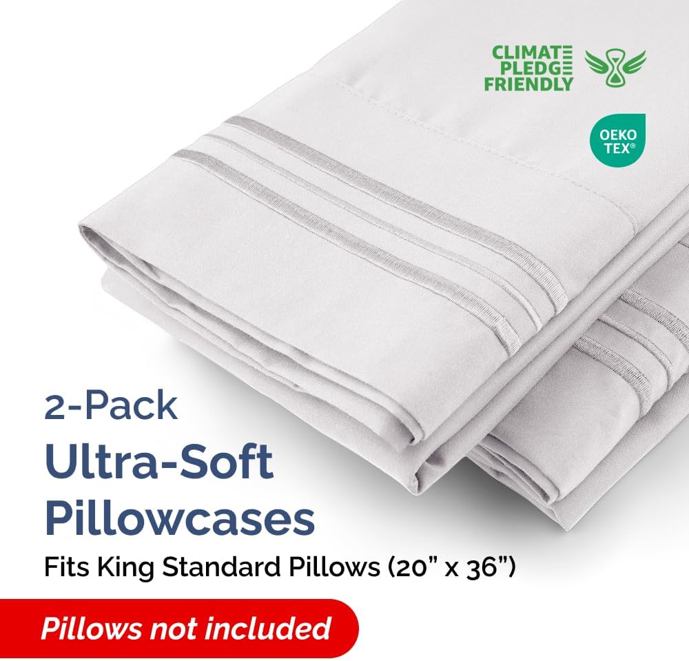 King Standard Pillow Cases Set of 2 - Soft Hotel Quality Pillowcase Covers - Comfy, Cozy & Fade Free - Wrinkle Resistant - Machine Washable Pillow Protectors - 2 Piece Set - King Standard French Grey