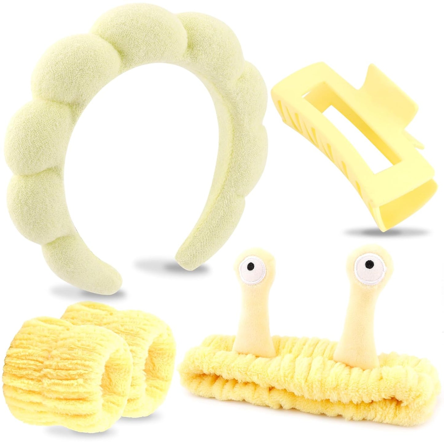 VELSCRUN Spa Headband, Makeup Face Wash Skincare Headbands, 5 Pcs Sponge Get Ready Snail Hairband Facial Wristband Hair Clip Set, Stuff for Teen Girls Women Trendy Hair Accessories Yellow