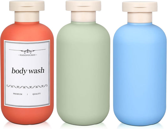 ASEVAT 6.7oz Airtight Plastic Travel Shampoo Bottles, Travel Shampoo and Conditioner Bottles Refillable, Empty Squeeze Bottle, Hand Soap Dispenser for Vacation, Gym, Lotion(OrangeGreenBlue)