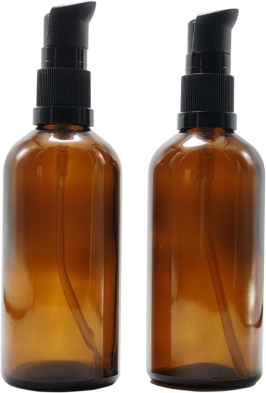 2PCS Upscale Amber Glass Refillable Pump Press Lotion Bottles Container Jars Pot For Makeup Foundations Cosmetic Skin Care Cream Emulsion Essential Oils(100ml / 3.4oz)