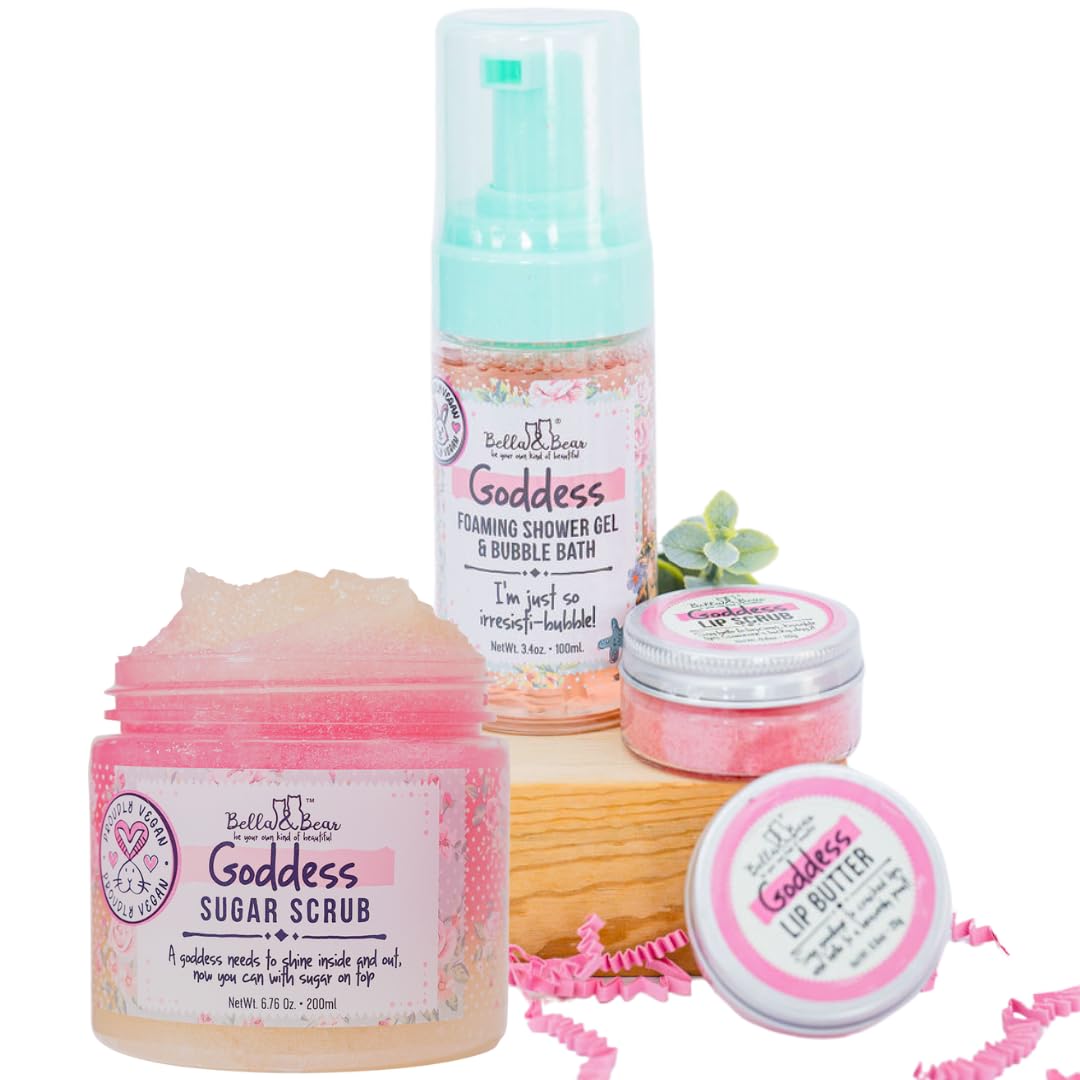 Bella & Bear Goddess MIdi Bath & Body Gift Set with Foaming Shower Gel & Bubble Bath, Body Scrub & Lip Scrub and Lip Butter - Gift - Women