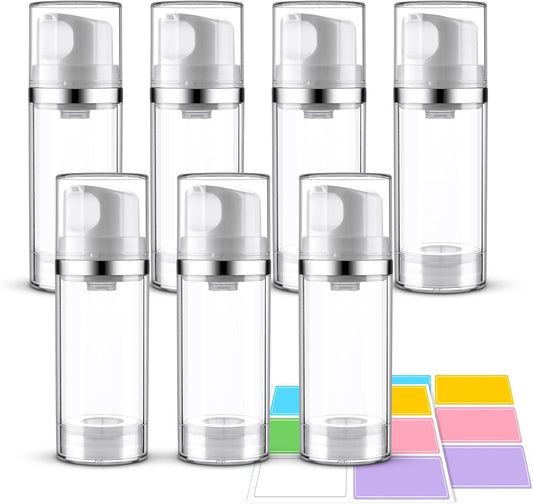 7 Pack Airless Pump Bottles 3.4oz/100ml Lotion Dispenser Travel Pump Bottles for Toiletries Airless Cosmetic Pump Container Airless Pump Jar for Toiletries Shampoo Cream with Labels(Clear)