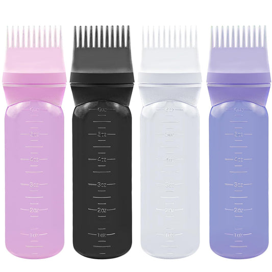 4 Pcs Root Comb Applicator Bottle 6oz,Hair Oil Applicator Bottle for Hair,Oil Comb Applicator Hair Bottle Applicator for Hair Dye Shampoos Hair Salons Camping Traveling (black+white+purple+pink)