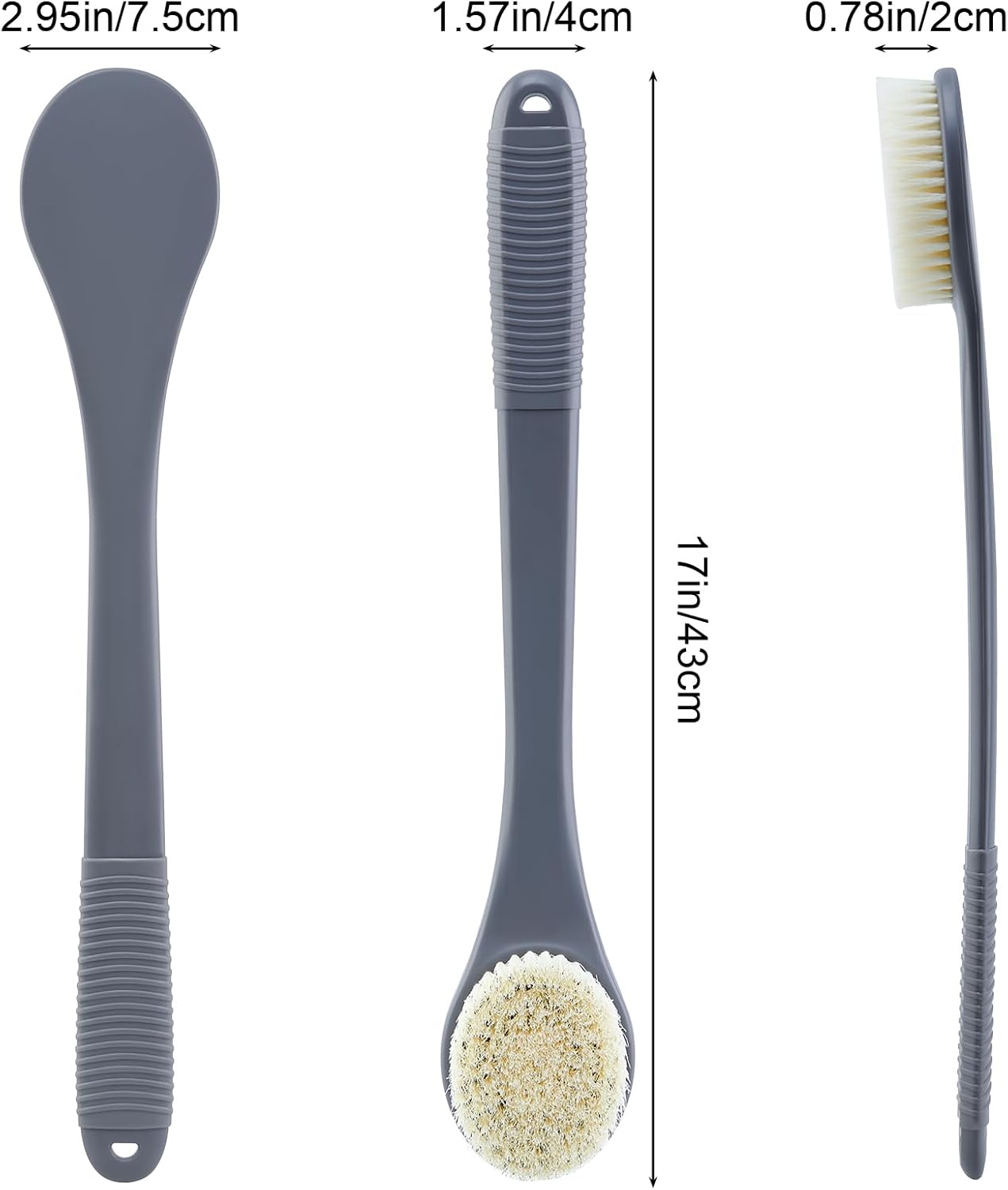 Back Scrubber for Shower, Shower Body Brush for Cleaning with Long Handle for Showering, 17 Inch Back Washer Exfoliator for Shower Men Women with Non-Slip Handle, Adhesive Hook (Gray)