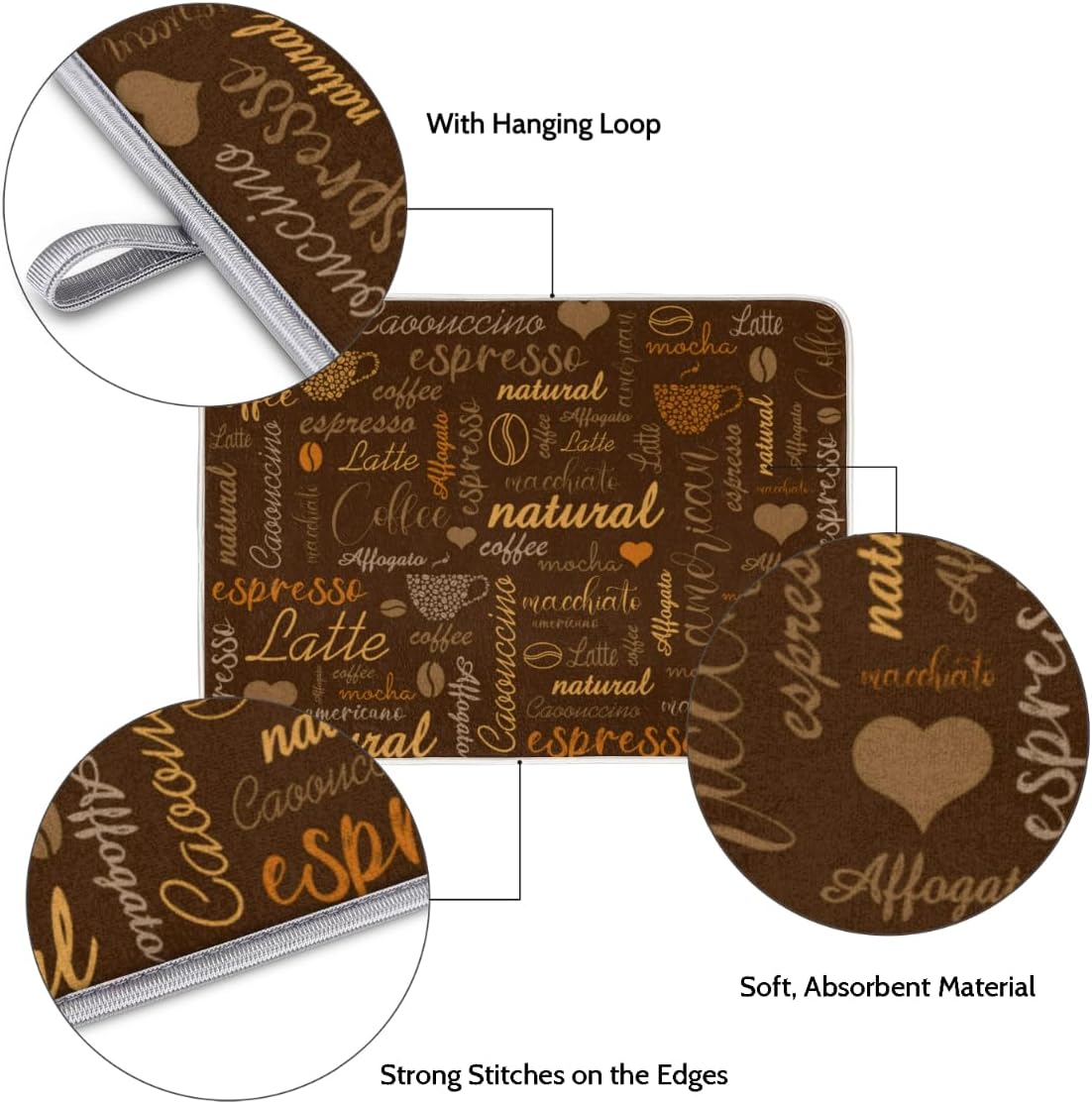 Hexteria Coffee Dish Drying Mat - Countertop Mat, Quick Drying, 18"x24", Brown