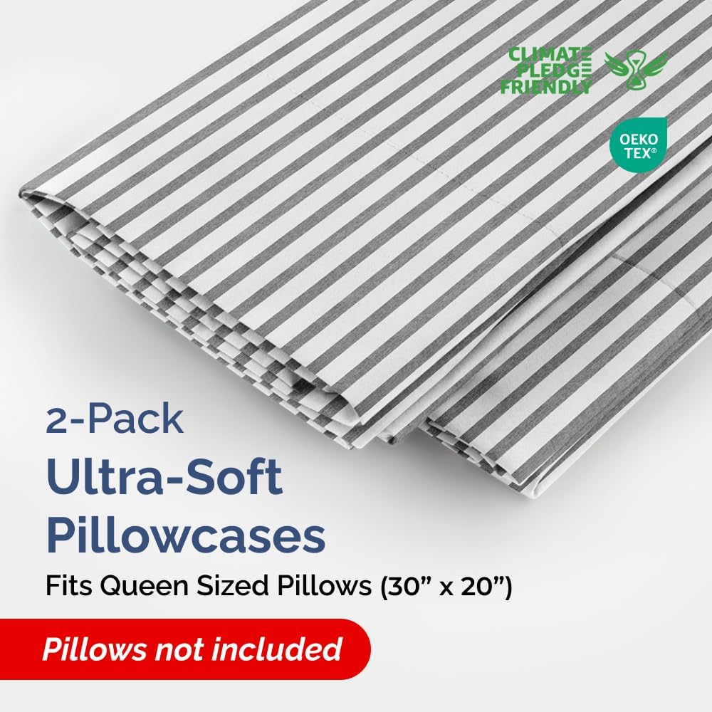 Queen Pillow Cases Set of 2 - Ultra Soft Hotel Quality Pillowcase Covers - Comfy, Cozy & Wrinkle Free - Shrinkage and Fade Resistant - Machine Washable Pillow Protectors - 2 Piece Set - Grey Stripes 2