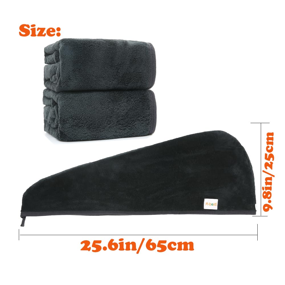 2 Pack Microfiber Hair Towel Wrap,Hair Drying Towel with Button,Absorbent and Anti-frizz Head Towel to Dry Curly or Straight Hair Quickly (Black)
