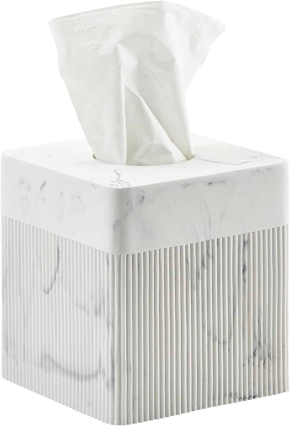 White Tissue Box Cover Square Resin Tissue Holder for Home Decor, Hand Poured Marble Ribbed Cube Tissue Box Holder – 5.5 Inch Heavy Duty Luxury Tissue Box Case for Bathroom, Living Room, Office