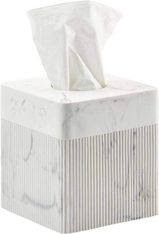 White Tissue Box Cover Square Resin Tissue Holder for Home Decor, Hand Poured Marble Ribbed Cube Tissue Box Holder – 5.5 Inch Heavy Duty Luxury Tissue Box Case for Bathroom, Living Room, Office