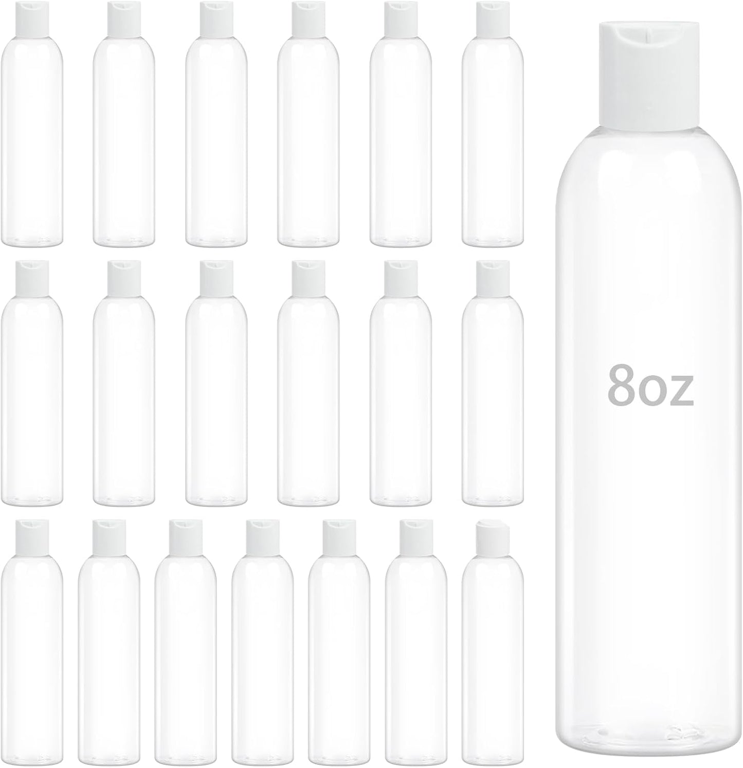 20 Pack 8 oz Clear Plastic Bottles with White Disc Caps Refillable Empty Squeeze Containers Cosmetic Bottles for Toiletries Conditioner Shampoo Lotions Gels