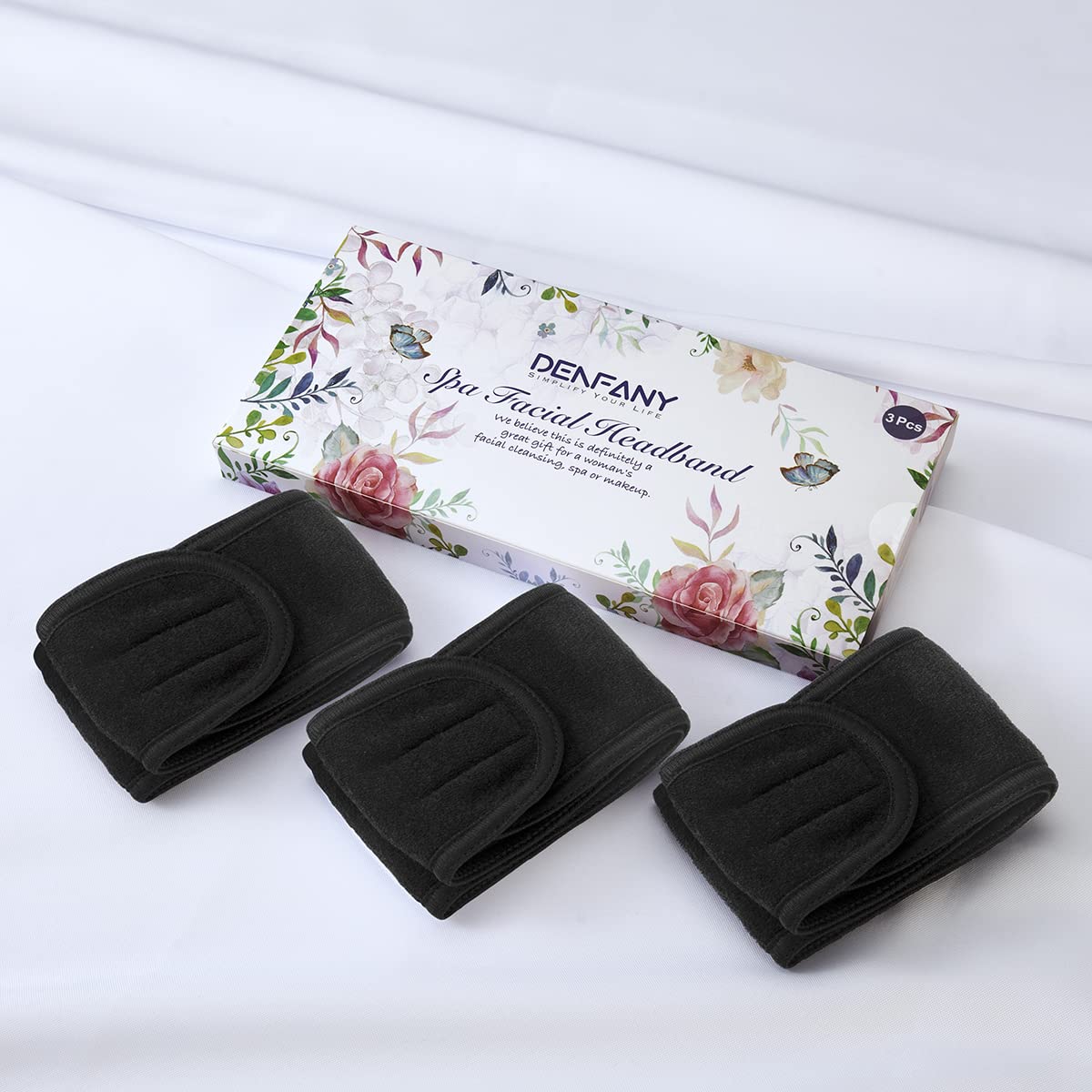 Denfany Spa Headband - Deluxe Face Wash Headband, Comfortable, Adjustable and Machine-Washable, Ideal for Showering, Makeup and Exercise (Black 3 Pack)