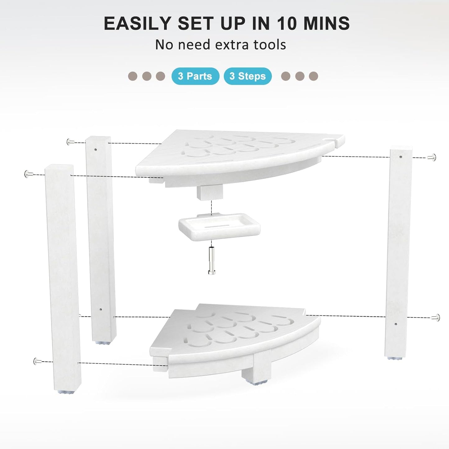 NALONE Corner Shower Stool, HDPE Shower Bench for Inside Shower, Small Shower Chair Seat for Shaving Legs with Storage Shelf, Soap Box and No-Slip Feet (White)