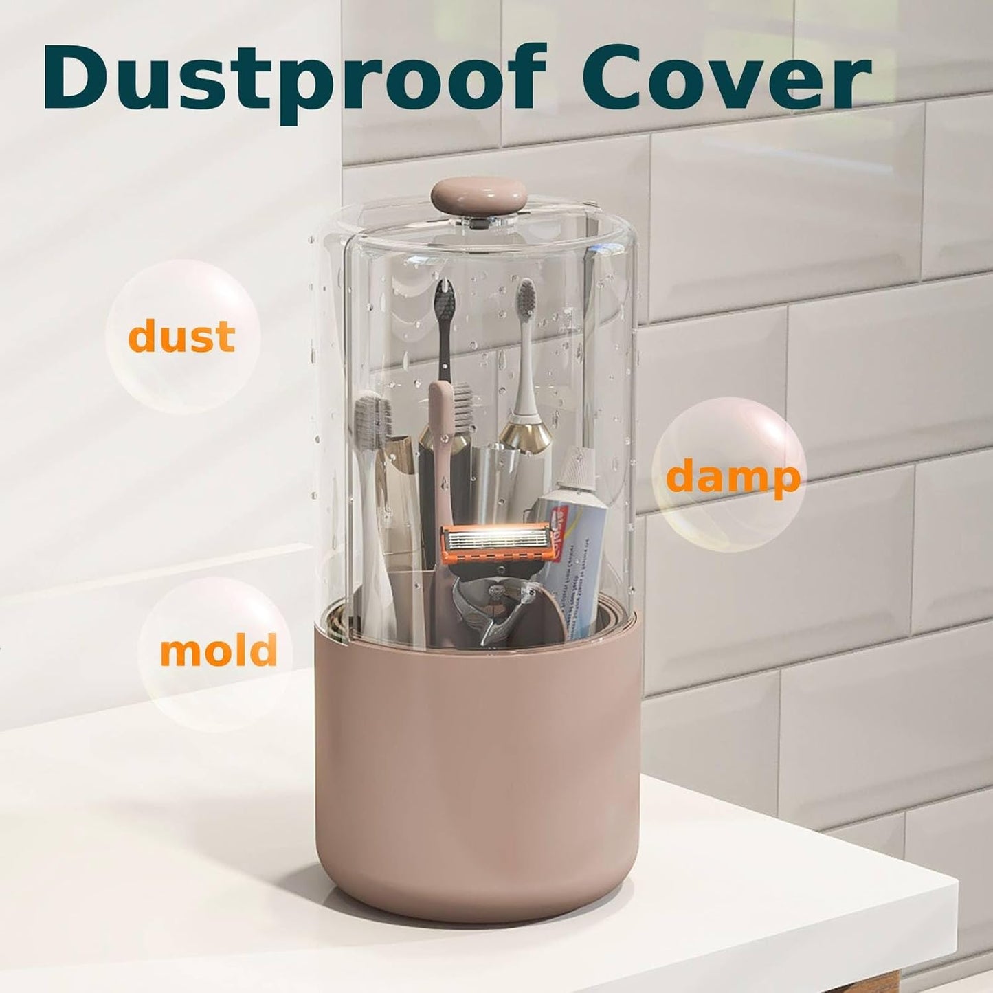 Toothbrush Holder with Cover 360 Rotating 4 Compartments Bathroom Toothpaste Electric Toothbrush Organizer, Pink