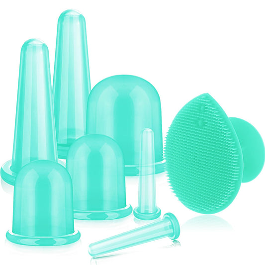 BBTO Silicone Facial Cupping Set, Vacuum Massage Cup Kit for Body, Face, Neck, Back, and Eye, 6 Cups and Exfoliating Brush (Mint Green)