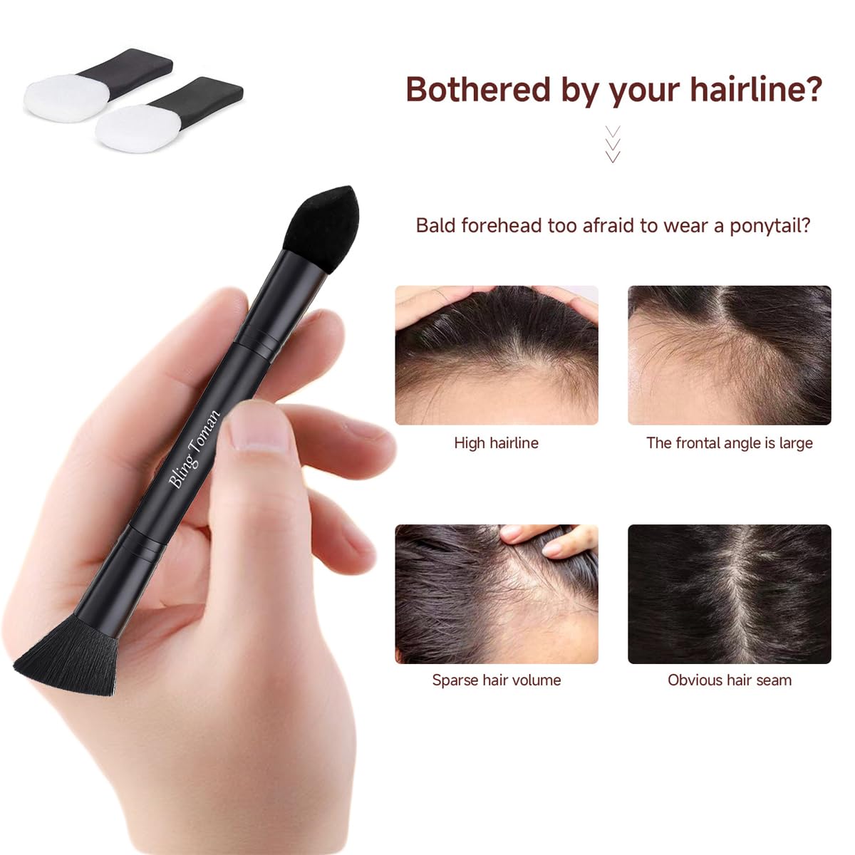 Dual-Ended Hairline Powder Brush Concealer Brush Precision Makeup Brush Set with Sponge Tip for Seamless Blending Hair Touch Up And Contouring Blending (Black Brush)