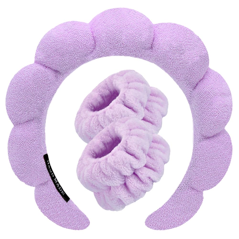 Spa Headbands for Washing Face Wristband Set Sponge Makeup Skincare Headband Wrist Towels Bubble Soft Terry Towel Cloth Hairband for Women Puffy Headwear Non Slip Thick Thin Hair Headwear (Purple)