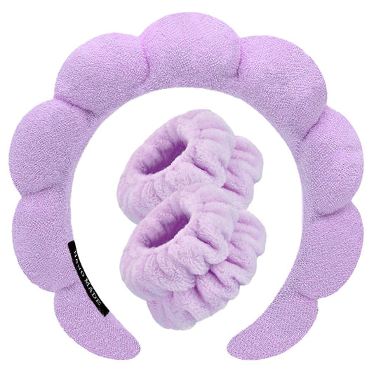Spa Headbands for Washing Face Wristband Set Sponge Makeup Skincare Headband Wrist Towels Bubble Soft Terry Towel Cloth Hairband for Women Puffy Headwear Non Slip Thick Thin Hair Headwear (Purple)