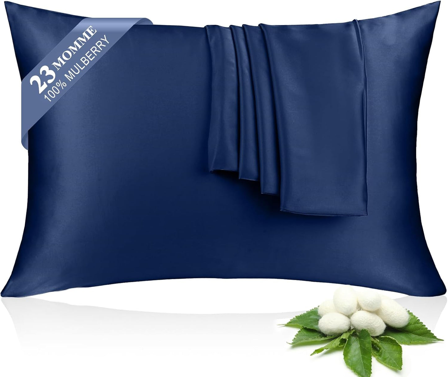 100% Silk Pillowcase 2 Pack for Hair and Skin, Both Sides 23 Momme Grade 6A+ Mulberry Silk Pillowcases with Hidden Zipper, Soft&Smooth Cooling Pillow Cases (Navy Blue, Standard 20×26)