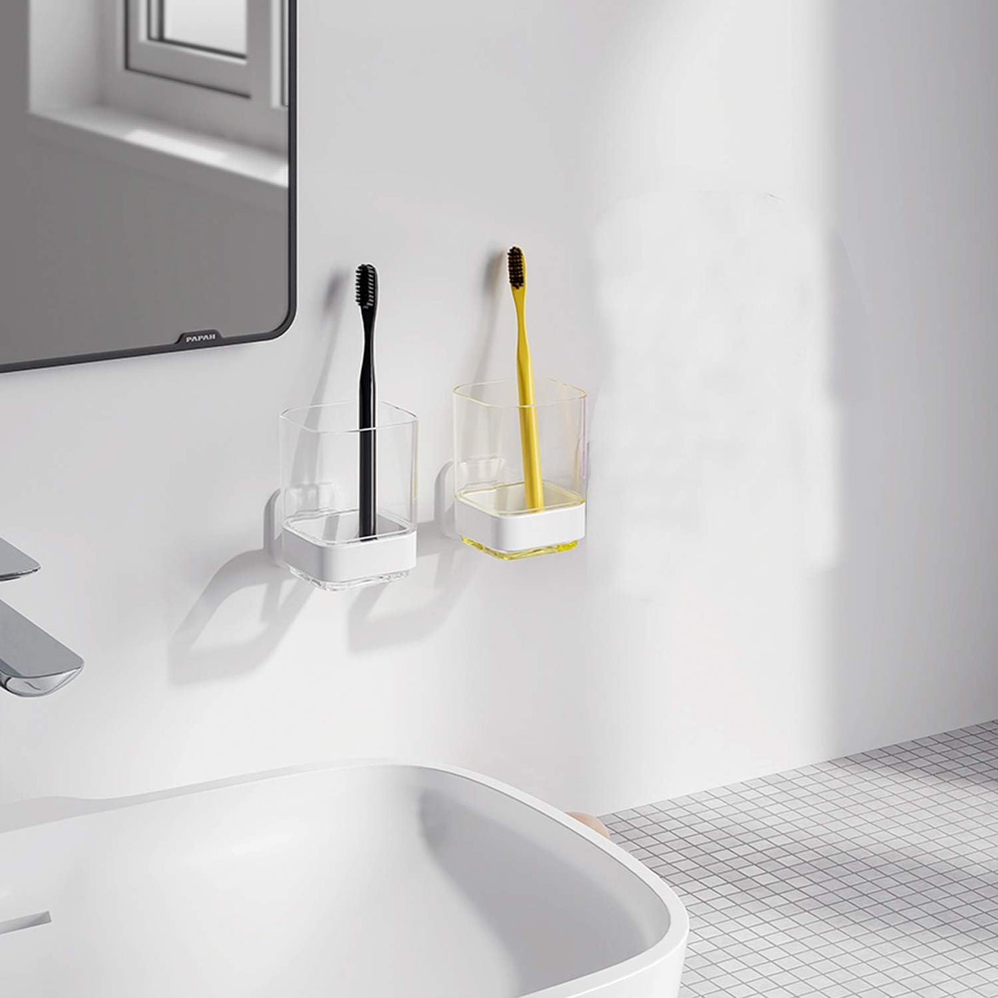 Wall-Mounted Tumbler and Toothbrush Holder, Wall Mounted Adhesive Hanging Electric Toothbrush Organizer Stand for Bathroom with Rinsing Cup, No Drilling Required (White, 3.93"X3.93"X2.97")