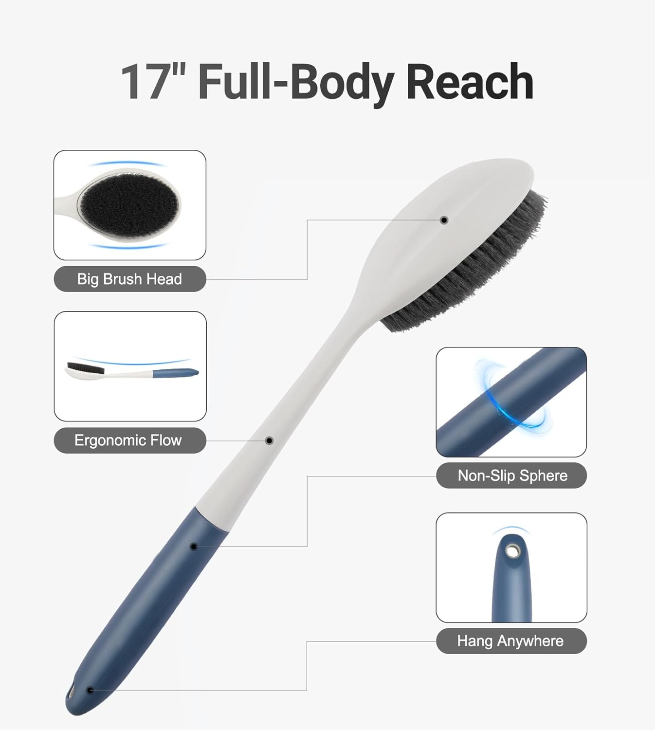surlees Back Brush for Shower for Men & Women 17" | Body Brush for Wet & Dry Brushing | Exfoliating Body Scrubber & Back Scrubber | Shower Brush with Long Handle (Blue, Scrub Force 4-6)