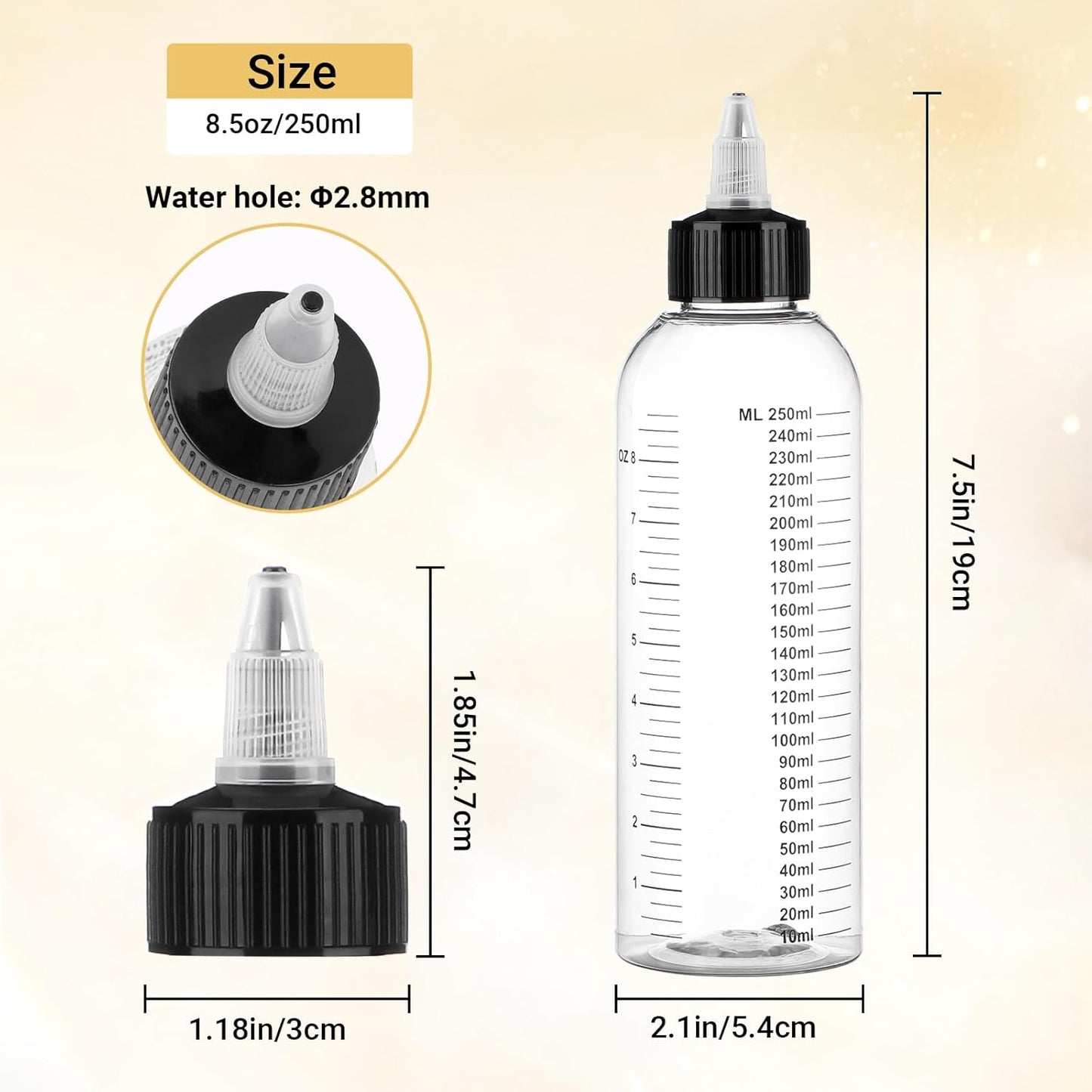 Segbeauty 8.5oz Twist Top Applicator Bottle, 4pcs 250ml Measured Hair Dye Bottles, Clear Empty Hair Oil Bottle with Ratio Graduated Scale, Hair Color Squeeze Bottle Application Bottles for Hair Dyeing