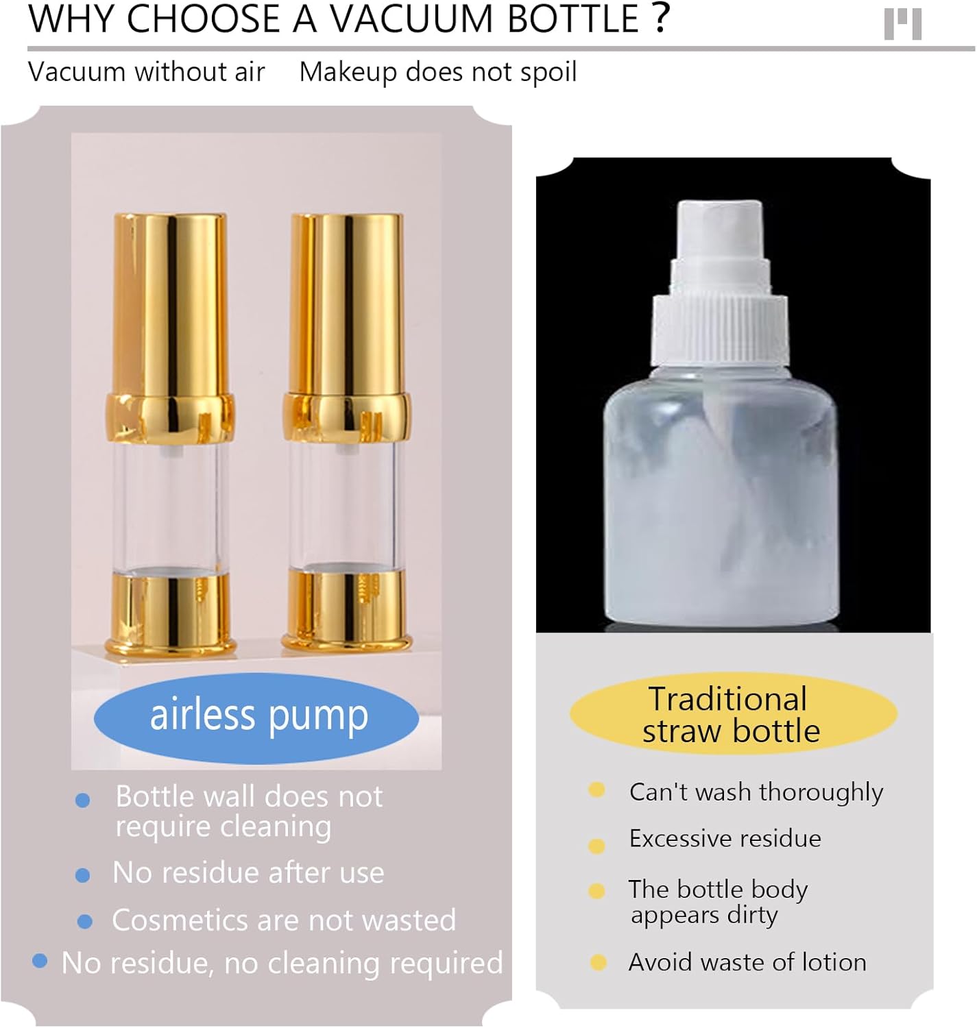 Golden Airless Pump Bottle Travel Set with Box Refillable Cosmetic Vacuum Pump Bottle Such as Hand Soap,Toner,Foundation,Hair Oil,Lotion and Cream (Golden, 5ml-10ml-20g)