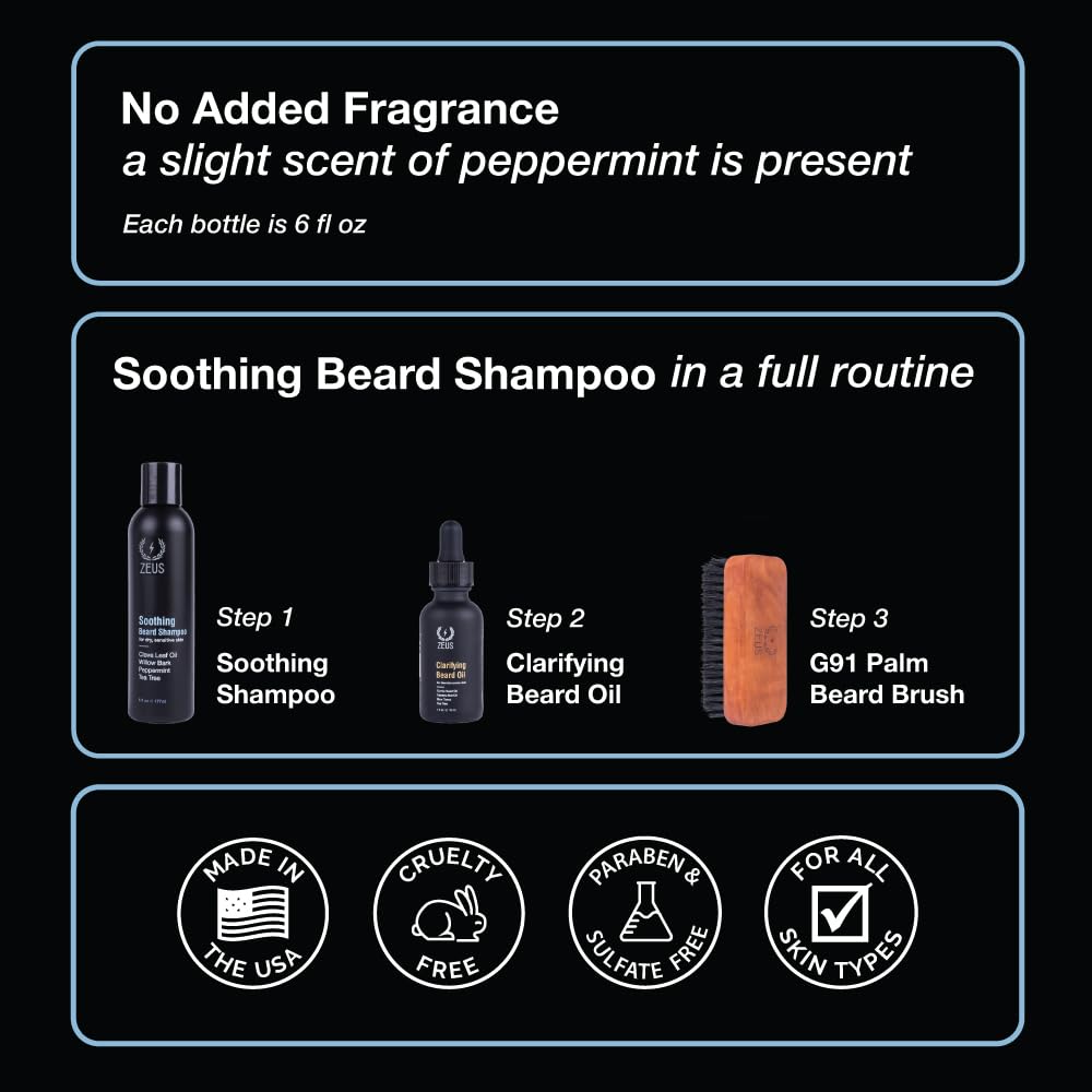 ZEUS Soothing Beard Shampoo for Men, Specialized Face & Hair Wash for Dry & Sensitive Skin, Anti-Dandruff & Itch Relief for Healthy Beard Growth (Made in USA) 6 oz.