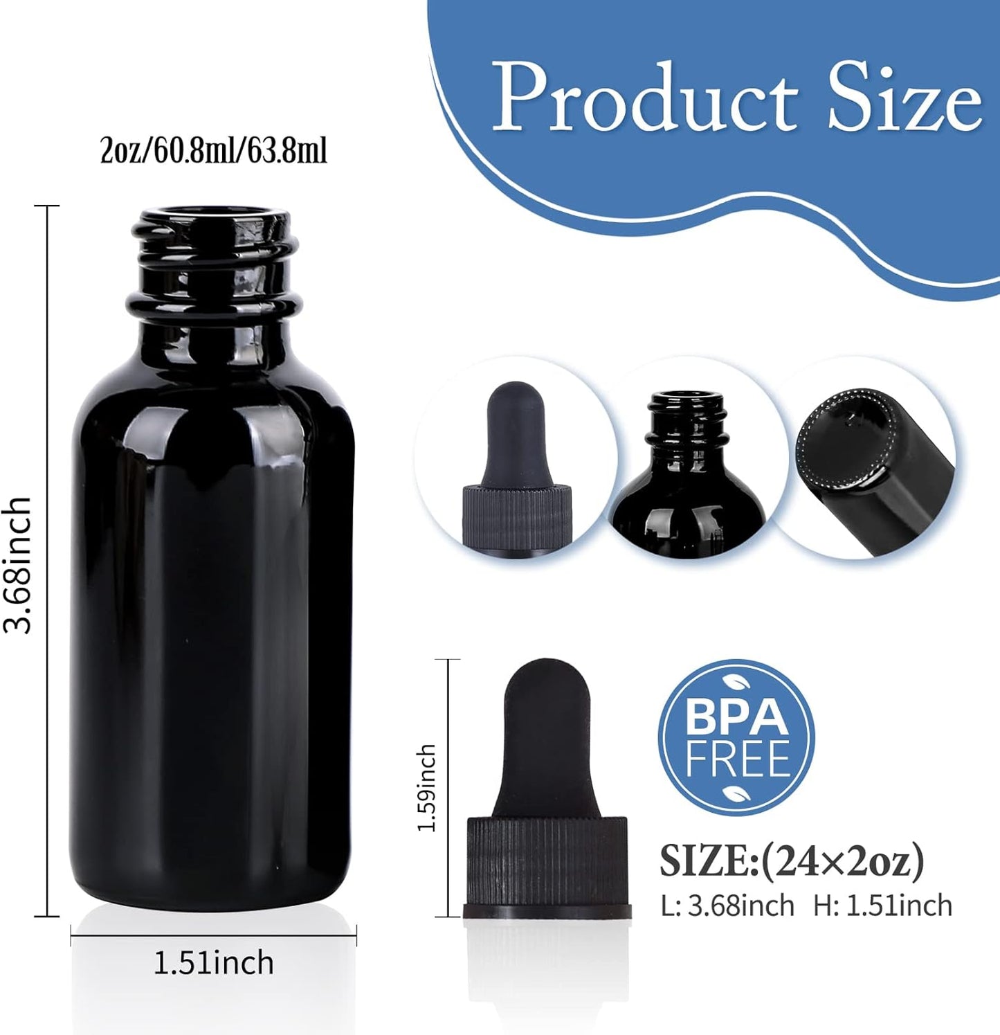 2 oz UV Resistant Dropper Bottle 24 Pack Black Glass Boston Bottles 60ml with Eye Droppers Black Caps for Essential Oils, Perfume, Leak Proof Travel Bottles for Liquids