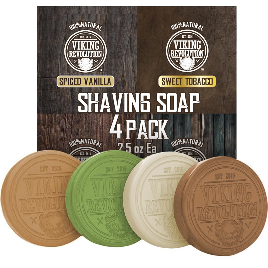 Viking Revolution Shaving Soap for Men - Shave Soap for Use with Shaving Brush and Bowl for Smoothest Wet Shave, Shaving Soap Puck - 4 Pack Variety, Each Pack 2.5oz (Vanilla, Bergamot, Tobacco, Oud)