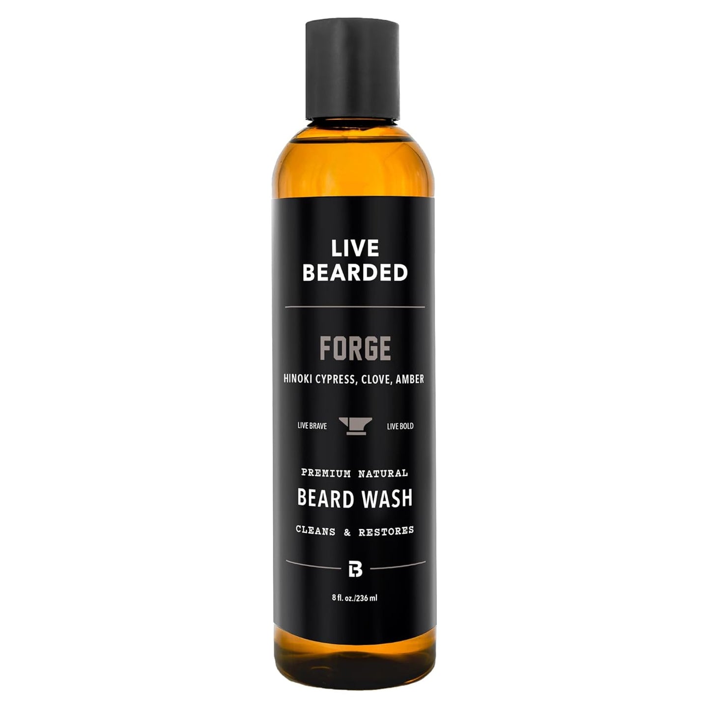 Live Bearded Beard Wash, 8 fl oz - Water-Based Face Cleanser with All-Natural Ingredients for a Gentle, Deep Clean - Made in the USA | Forge Scent - Hinoki Cypress, Clove, Amber