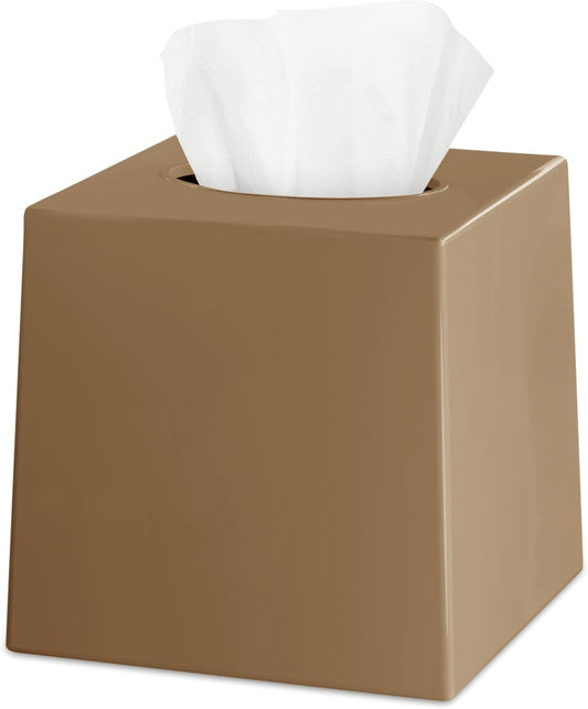 Beige Tissue Box Cover Square - Plastic Facial Tissue Box Holder - Decorative Cube Tissue Holder Dispenser Fits Any Vanity Countertop, Bedroom Dresser, Office, Bathroom Decor