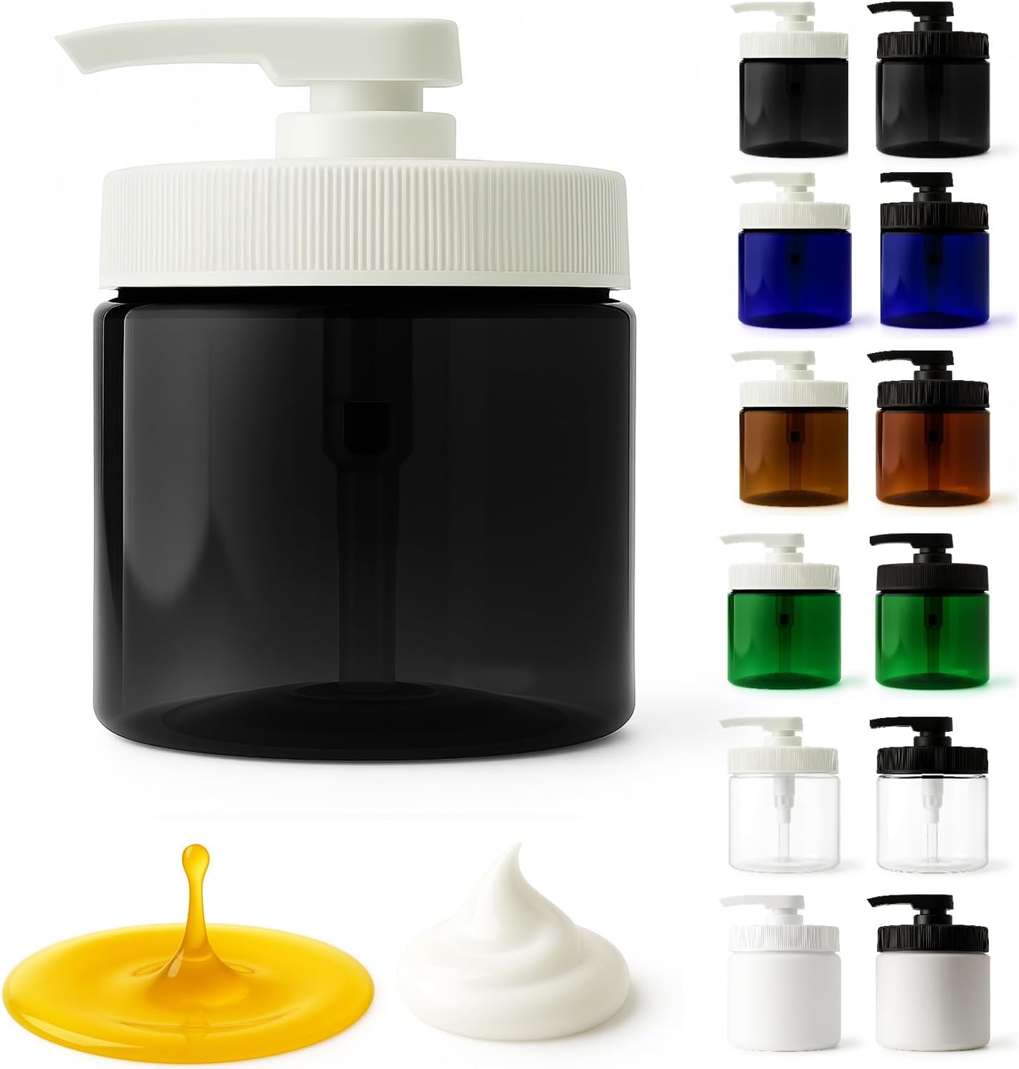 Royal Massage 16oz Refillable Pump Jar with Locking Dip Tube Dispenser – BPA-Free Plastic Container for Massage Oils, Lotions, Creams – Ribbed Lid Wide-Mouth Jar – Durable & Reusable (12, Black/White)