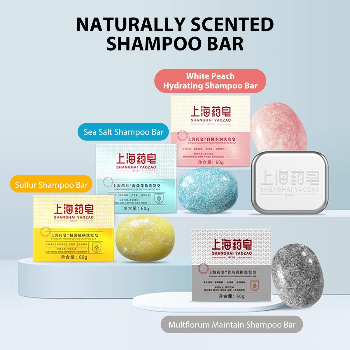 Bee & Flower Shampoo Bar Sea Salt Shampoo Bar Cool & Refreshing All Natural Travel Shampoos Bars for All Hair Types - 2.1 oz (Comes with Mesh Bag and Tin Box)