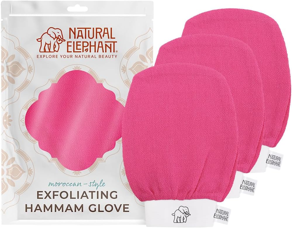 Natural Elephant Exfoliating Hammam Glove | Authentic Moroccan Kessa Body Scrub Mitt for Spa-Quality Skin Renewal | Pink Tulip 3 Pack