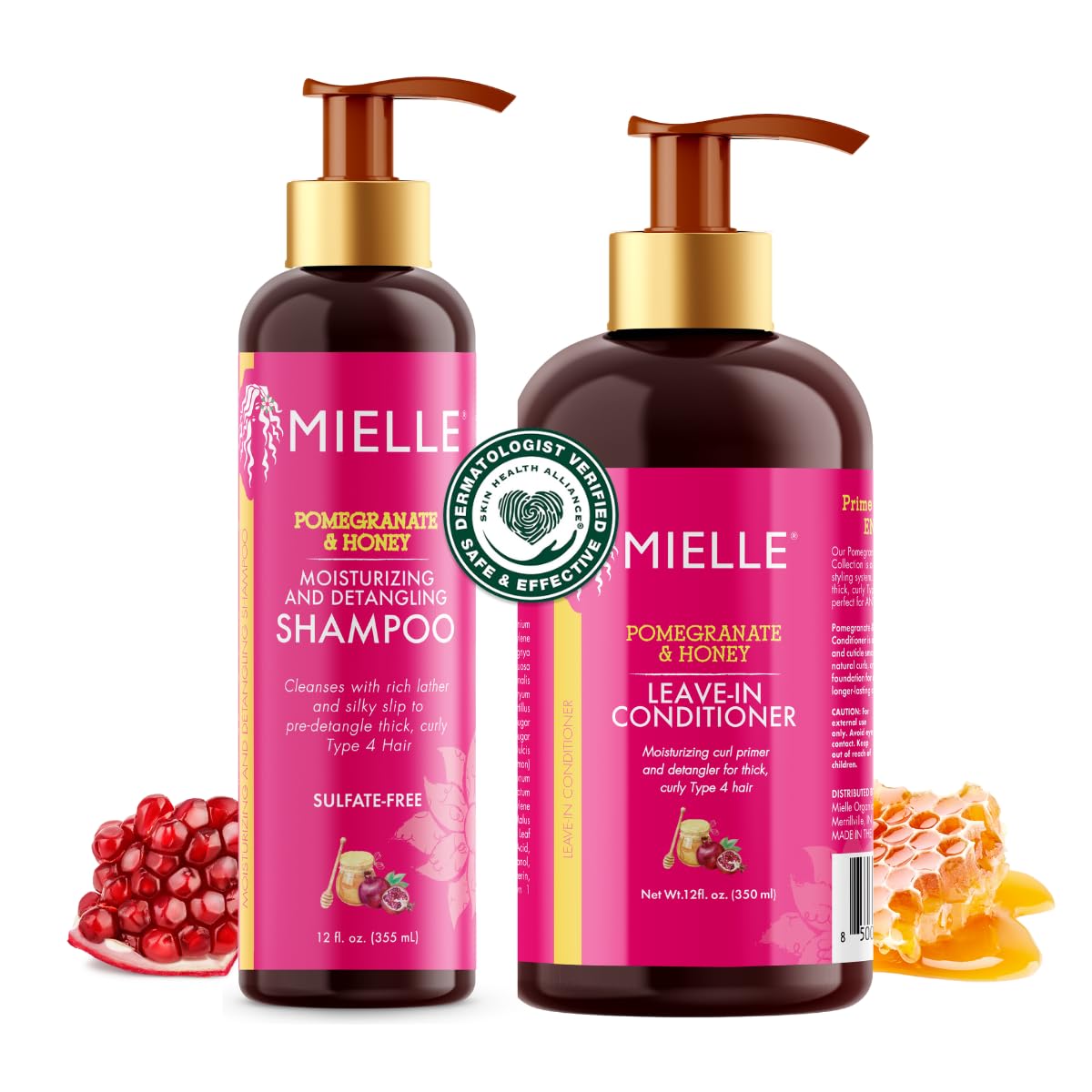 Mielle Organics Pomegranate Honey Shampoo & Leave-In Conditioner for Thick, Curly Type 4 Hair, Moisturizing Curl Primer, and Detangler, Prevents Frizz, for Damaged Hair, Easy to Apply