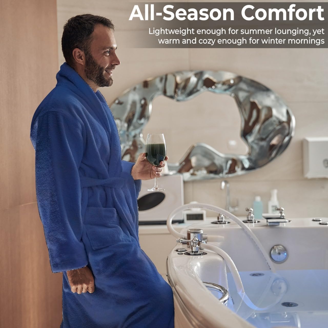 Men’s Hooded Bathrobe, 100% Cotton Terry Bathrobe, Spa Style Bath Robe, Absorbent Shower Robe, Lightweight Towel Bathrobes