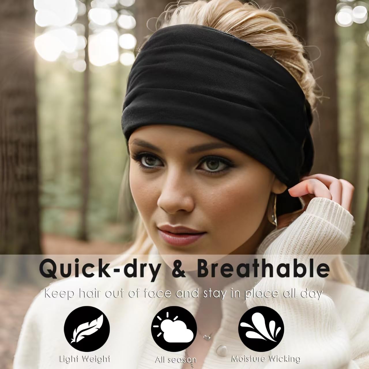 Extra Wide Headbands for Women, 7'' Large Cotton Like Turban Knotted Bandana Head Bands for Women Non Slip, Boho Headbands for Women's Hair (All Black-6Pcs, Extra Large 7" Wide)
