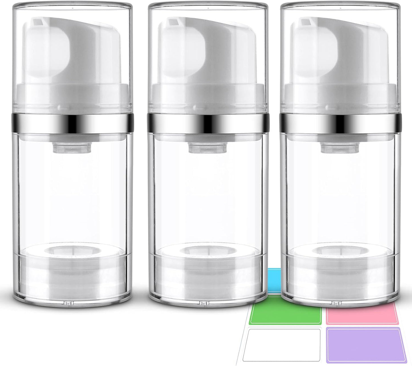 3 Pack Airless Pump Jar 1.7oz/50ml Airless Pump Bottles Empty Moisturizer Pump Dispenser Travel Pump Bottles for Lotion Toiletries Shampoo Cream with Labels(Clear)