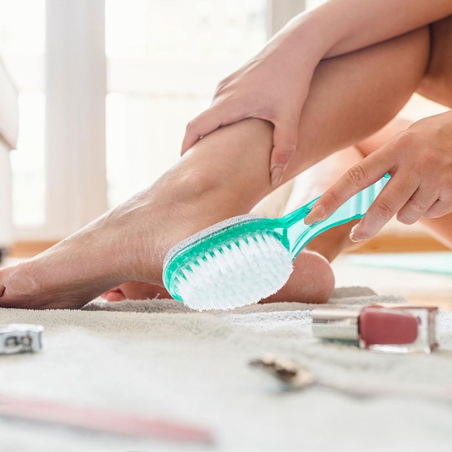 2 Pcs Foot Brush for Shower with Handle 2 in 1, Large Foot Pumice Stone Brush Scrubber Foot File Calluses Remove Suitable for Horniness Foot Spa, Foot Care Smooth Skin (Green)