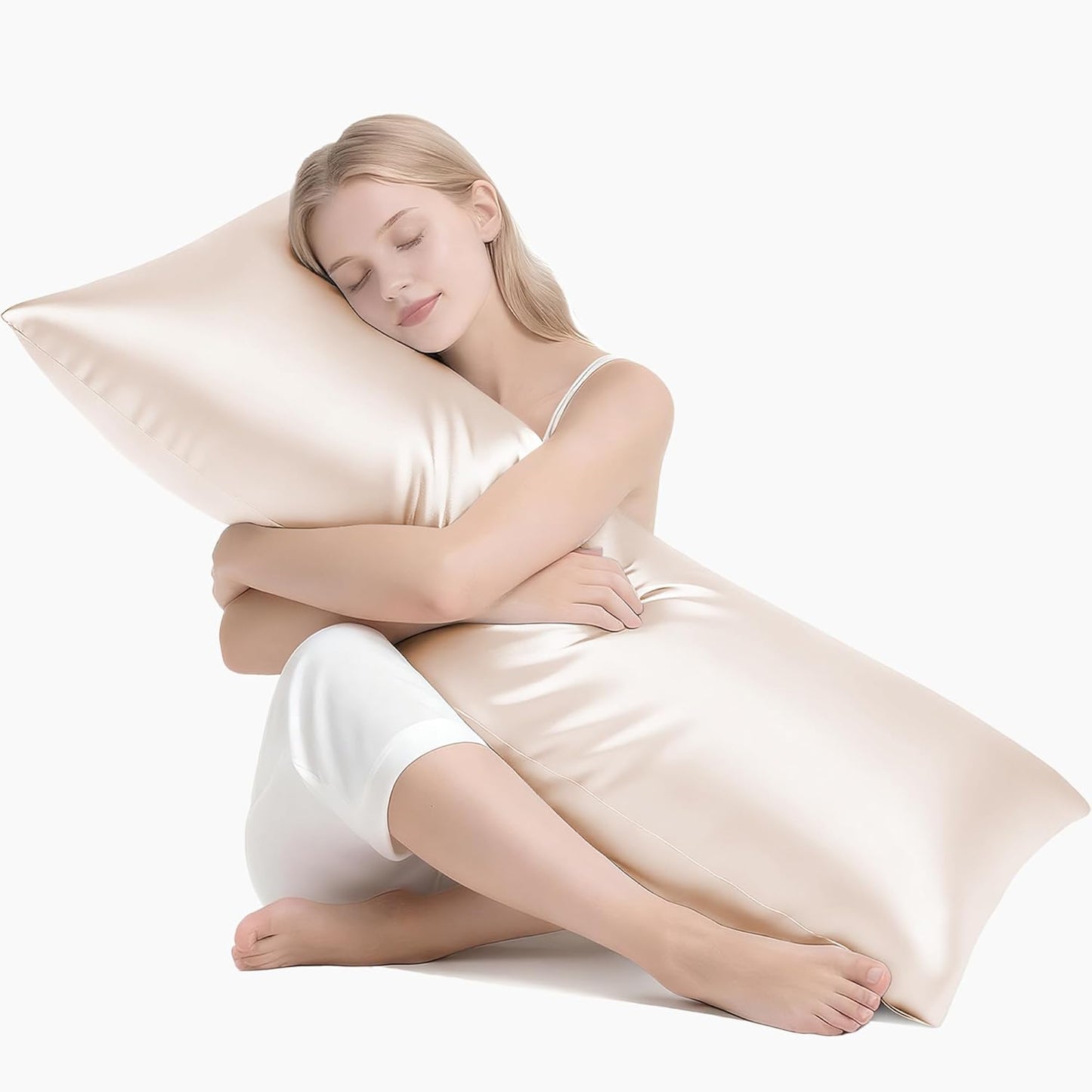 MR&HM Satin Body Pillow Cover, Soft and Breathable Body Pillow Case with Envelope Closure, Cooling and Silky Long Pillowcase for Hair and Skin,Grey (20x54, Beige)